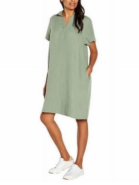 3 Dots Women’s 2XL Gauze Tunic Shirt Dress Green Pockets Textured Oversized